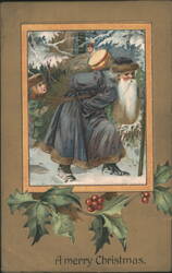 Santa Claus with Child in Snowy Forest, Carrying Gifts and Drum Postcard