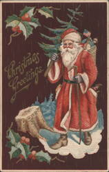 Santa Claus with American Flag and Christmas Greetings Postcard