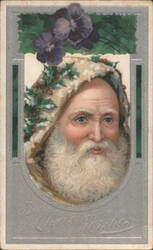Santa Claus Portrait with Holly and Pansies, Best Christmas Wishes Postcard