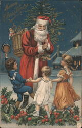 Santa Claus with Christmas Tree and Children Dancing in Snow Postcard