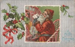 Santa Claus Reading Letter, Holly, Candy Canes, A Merry Christmas Postcard