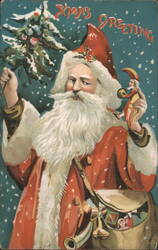Santa Claus with Christmas Tree & Elf, Xmas Greeting Postcard