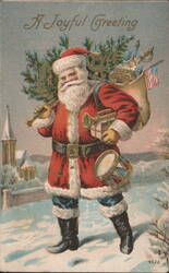 Santa Claus with Christmas Tree, Toys, and Drum in Snowy Village Postcard
