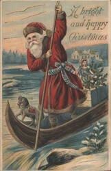 Santa Claus Poling Boat with Girl & Christmas Tree, "A bright and happy Christmas" Postcard