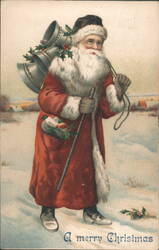 Santa Claus with Bells and Staff in Snow, A Merry Christmas Postcard