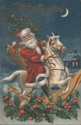 Merry Christmas Santa Claus Riding White Horse with Tree & Toys Postcard