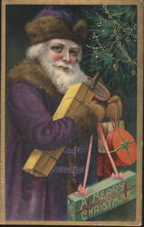 Santa Claus with Gifts and Christmas Tree, A Merry Christmas Postcard