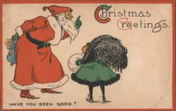 Santa Claus Asks Little Girl "Have You Been Good?" Christmas Greetings Postcard