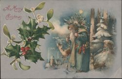 A Merry Christmas, Santa Claus with Tree in Snowy Forest Postcard