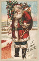 Santa Claus with Christmas Tree, Toys, and American Flag by Chimney Postcard