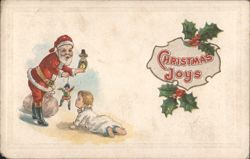 Santa Claus with Snowman Toy and Baby, Christmas Joys Postcard