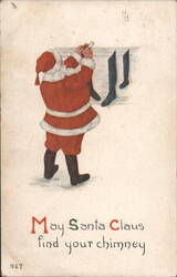 Santa Claus Looking Down Chimney with Stockings, Christmas Greeting Postcard