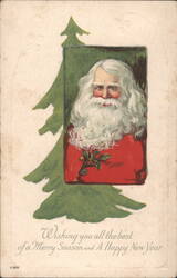 Santa Claus with Holly & Christmas Tree, New Year Greeting Postcard