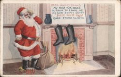 Santa Claus Reading Humorous Note About Gum Boots by Fireplace Postcard