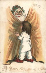 Santa Claus Peeking at Child in Pajamas, A Merry Christmas Postcard