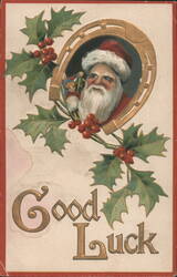 Santa Claus in Horseshoe with Holly, "Good Luck" Greeting Postcard