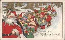 Santa Claus with Children and Toys in Snowy Forest, A Joyful Christmas Postcard