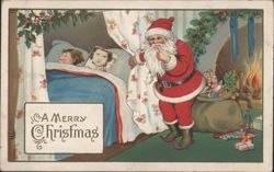 Santa Claus in Bedroom with Sleeping Child, A Merry Christmas Postcard