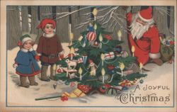 Santa Claus, Children & Decorated Christmas Tree in Snowy Forest Postcard