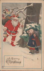 Santa Claus with Sack of Toys and Children in Snowy Landscape Postcard