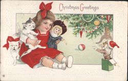 Girl in Red Dress with Cats, Doll, and Santa by Christmas Tree - Christmas Postcard