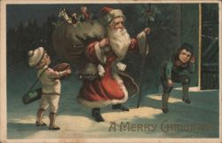 Santa Claus with Children in Snow, "A Merry Christmas" Greeting Postcard
