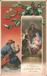 Nativity Scene, Santa Claus, Christmas Bells, Holly Postcard