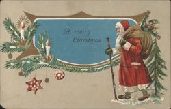 Santa Claus with Elf and Christmas Tree Branches, Merry Christmas Postcard