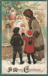 Woman & Children Admire Christmas Display with Santa & Dolls Postcard