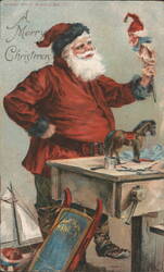 Santa Claus with Puppet in Workshop, Merry Christmas Postcard