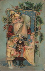 Santa Claus with Two Children and Holly, Merry Christmas Greeting Postcard