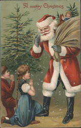 Santa Claus with Praying Children and Christmas Tree Postcard