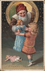 Santa Claus with Children and Dolls, A Merry Christmas Greeting Postcard