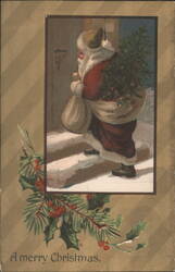Santa Claus with Christmas Tree and Sack of Toys on Snowy Steps Postcard