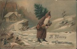 Santa Claus Figure Carrying Christmas Tree in Snowy Village Postcard