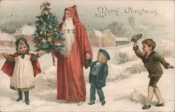 Santa Claus with Christmas Tree and Children in Snowy Village Postcard