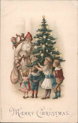 Santa Claus with Children Decorating Christmas Tree, Merry Christmas Postcard