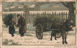 Christmas Scene with Man, Child, Donkey Cart, and Evergreens Postcard
