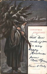 Santa Claus Carrying Christmas Tree in Snowy Village, D. H. Friston Art Postcard