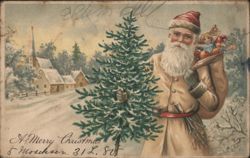 Santa Claus with Christmas Tree & Sack of Toys in Snowy Village Postcard