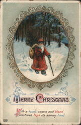 Santa Claus in Snowy Forest with Sack and Staff, Merry Christmas Greeting Postcard