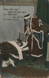 Santa Claus with Sleeping Children & Toys, Christmas Morning Surprise Postcard