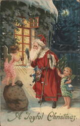 Santa Claus with Angels and Christmas Tree, A Joyful Christmas Postcard