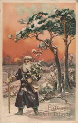 Man with White Beard Carrying Evergreen Tree, Snowy Christmas Scene Postcard