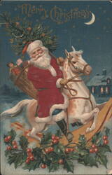 Merry Christmas Santa Claus Riding White Horse with Tree & Gifts Postcard
