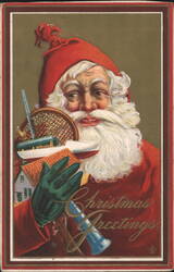 Santa Claus with Toys Christmas Greetings Postcard