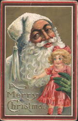 Santa Claus with White Fur Hat & Beard Holding Hand of Girl Doll, Merry Christmas Postcard
