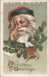 Santa Claus Head with Bell, Pine Branches, and Christmas Greetings Postcard