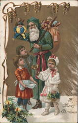 Santa Claus with Children and Toys, Merry Christmas Greeting Postcard