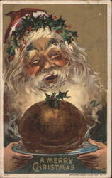 Santa Claus with Holly Wreath Holding Christmas Pudding Postcard